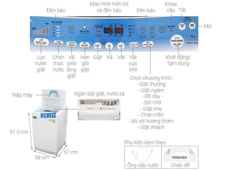 Thông số kỹ thuật Máy giặt Toshiba Inverter 9kg AW-DC1005CV